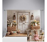 Kate Spring Easter Bunny Photography Backdrop 7x5ft/2.2x1.5m Easter Eggs Farmhouse Bales Backdrops Rustic White Wooden Door Barn Floral Photo Studio Backgrounds