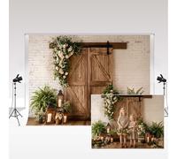 Kate Spring Flowers Photography Backdrop 2.2x1.5m/7x5ft Green Plants Rustic Brown Wooden Door Kids Birthday Portrait Photo Backdrop Studio