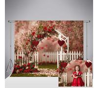 Kate Valentine's Day Backdrops 7x5ft/2.2x1.5m Heart Backdrop for Photography Valentines Day Outdoor Natural Scenery White Fence Flowers Background Party Decor Photo Booth Prop