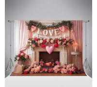 Kate Valentine's Day Fireplace Heart Photography Backdrop 10x10ft/3x3m LOVE Letters Flowers White Curtains Photo Studio Backgrounds Decor Photography Backdrops Holiday Photo Booth
