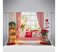 Kate Valentine's Day Window Floral Hearts Photography Backdrop 6.5x6.5ft/2x2m Love Pillow Red Checked Curtains Windowsill Party Decorative Banner Studio Props