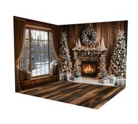 Kate Winter Christmas Photography Backdrop Room Set fireplace floor Wooden Windows Forest Snow Scene Decoration Background Photo Studio(8ftx8ft&10ftx8ft&8ftx10ft)