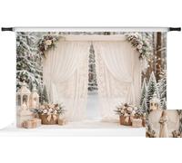 Kate Winter Wedding White Curtains Snowy Forest Photo Backdrop 10x6.5ft | Ivory drapes, floral corner swags, lanterns and frosted trees for bridal portraits, Christmas parties and elegant ceremonies