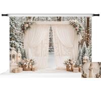 Kate Winter Wedding White Curtains Snowy Forest Photo Backdrop 7x5ft | Ivory drapes, floral corner swags, lanterns and frosted trees for bridal portraits, Christmas parties and elegant ceremonies