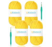 Katech 4 Pack T-Shirt Yarn Kit, Yellow Cotton Blend Fabric Yarn for DIY Hand Knitting & Crocheting, Includes 2 PCS 5.5mm Crochet Hooks, Ideal for Bags, Blankets, Shawls & More