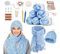 Katech Crochet Kit for Beginners-Crochet Kit for Adults & Kids Learn to Crochet Granny Square Scarf Beanie Hat, Complete Set for Practising Scarf w/Step-by-Step Instructions 6 Blend Yarn Upgrade-Blue