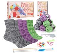 Katech Knitting Kit for Beginner Adults, 6 Pcs Socks Yarn, Knitting Needles, Step-by-Step Instruction, Non-Foldable, All Seasons, Unisex, Gray-Purple-Green, S, Traditional, Craft Kit