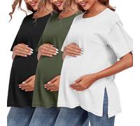 KateModa Womens Maternity Shirts Short Sleeve Crewneck Loose Pregnancy Tops Summer Oversized Basic Tee Plus Gym Workout Tunic, Black+white+army Green, L