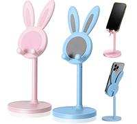 Kathfly 2 Pack Cute Bunny Phone Stand, Angle Height Adjustable Phone Stand for Desk, Kawaii Phone Holder Desk Accessories, Easter Bunny Gifts Favor for Girl Women (Pink and Blue)