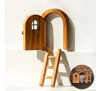 Kathfly 2 Pcs Mini Wooden Mouse Door Kit Miniature Mouse House with Ladder Fairy Door for Wall Tree Room Window Lock DIY Craft Fairy Garden Outdoor Indoor Decor(Cute Style,Brown)