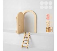 Kathfly 2 Pcs Mini Wooden Mouse Door Kit Miniature Mouse House with Ladder Fairy Door for Wall Tree Room Window Lock DIY Craft Fairy Garden Outdoor Indoor Decor(Classic Style,Wood Color)
