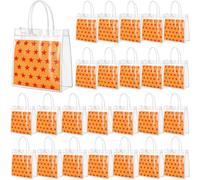 Kathfly 24 Pcs Clear Gift Bags with Handles, 7.9" x 7.9" x 3.2" Small Reusable Plastic Party Favor Bags Bulk, Print Transparent PVC Tote Bag for Wedding Birthday Boutique(Red Star Orange Style)
