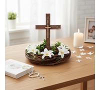 Kathfly 9.8 Inch Easter Scene and Cross Decor with Flower Wreath First Communion Religious Wooden Tabletop Signs Christian Table Centerpiece for Easter Rustic Farmhouse Spring Decor