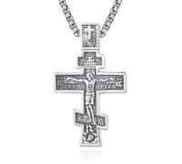 KATHLU Eastern Orthodox Cross Crucifix 925 Sterling Silver Jesus Christ INRI Pendant Necklace for Men Women Medal Christian Religious Necklaces for Mens