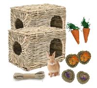 kathson 2 Pcs Large Rabbit Grass House Natural Foldable Hand Woven Seagrass Bed Carrot Hay Toy Hut Safe Comfortable Playhouse with Bunny Chew Toys for Bunny Hamster Guinea Pig Chinchilla Ferret