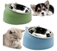 kathson 2PCS Raised Cat Bowl Tilted 15° Slanted Elevated Bulldog Feeder Non-Spill Dog Kitten Food Dish Anti-Slip Detachable Pet Stainless Steel Slope Base for Small Pets Blue&Green