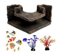 kathson Aquarium Hideaway Cave Underground Tunnel Hideout Resin Rock Dual Hole Hideout for Corners View Fish in Aquarium Decoration with 2PC Plastic Aquatic Plants for Betta Shrimp Guppy Hide