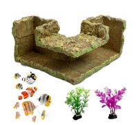 kathson Aquarium Hideaway Cave Underground Tunnel Hideout Wood-Like Fish Tank Cave for Corners View Fish in Aquarium Decoration with 2PC Plastic Aquatic Plants for Betta Shrimp Guppy Hide