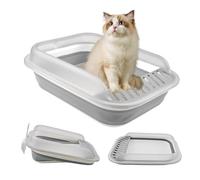 kathson Collapsible Litter Box for Kittens,Low Entry Senior Cat Litter Box Semi-Enclosed Kitten Potty Toilet with Leak-Proof Pedal Foldable Kitty Litter Pan for Small Cats (Grey)
