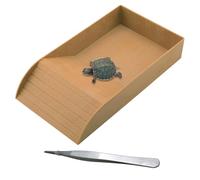 kathson Reptile Tortoise Turtle Feeding Dish with Ramp and Basking Platform Plastic Turtle Food and Water Bowl Also Fit for Bath Horned Frogs Lizards Amphibians (Brown, Emulational Wood)