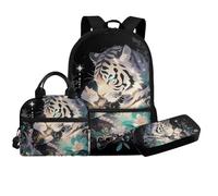 Kathyboom 3 in 1 School Backpack School Bag, Insulated Lunchbox Large Storage Pencil Holder for Elementary Middle School, White Tiger and Flower