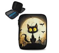 Kathyboom Crochet Hook Case Without Hooks,Halloween Black Cat Bat Castle Zipper Storage Organizer Bag with Web Pockets for Crochet Hook Kit Tools