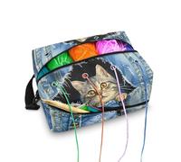 Kathyboom Jeans Cat Yarn Storage Organizer Water Resistant Yarn Bag Crochet Sewing Accessories Organizer with Shoulder Straps, Knitting & Crochet Supplies Yarn Holder for Crocheting