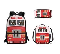 Kathyboom Red School Bus 3 in 1 School Backpack Set Sturdy Double Zipper Closure School Bag Pencil Case Pouch Anti Oil Thermal Lunch Bag for Preschool Elementary School