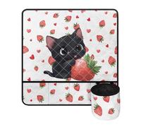 Kathyboom Strawberry And Black Cat Sewing Machine Mat with Pockets Sewing Accessories Organizer Non Slip Sewing Machine Mats