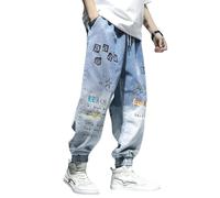 KATIAK Men's Baggy Jeans Graffiti Printing Jeans Loose Casual Ankle Banded Pants Cargo Denim Jeans-H1001 Light Blue-4Xl