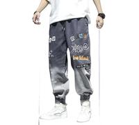 KATIAK Men's Baggy Jeans Graffiti Printing Jeans Loose Casual Ankle Banded Pants Cargo Denim Jeans-H1001 Black-4Xl
