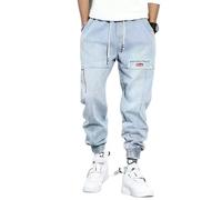 KATIAK Men's Baggy Jeans Graffiti Printing Jeans Loose Casual Ankle Banded Pants Cargo Denim Jeans-H7107 Light Blue-Xl
