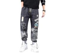 KATIAK Men's Baggy Jeans Graffiti Printing Jeans Loose Casual Ankle Banded Pants Cargo Denim Jeans-H7061 Black-L