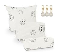 KATIMI 3PCS Travel Toiletry Bag for Women, Large Medium Small Makeup Bag with 3PCS Smiley Face Pendant, Corduroy Smile Face Wash Bag with Zip, Make Up Bag for Toiletries and Cosmetics