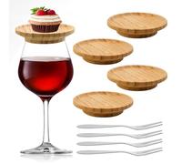 KATIMI 4 Pieces Bamboo Wine Glass Charc Erie Topper, Wine Glass Charcuterie Board Topper with Lid & 4 Stainless Steel Fruit Forks for Appetizers Desserts Home Restaurants Bars
