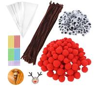 KATIMI 700PCS Brown Pipe Cleaners for Craft Set, 100 Chenille Stems with 100 Candy Cone Bags, 150 Red Pom Poms & 250 Wiggle Googly Eyes Self Adhesive, 100 Twist Ties for DIY Christmas Reindeer Party