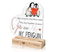 KATIMI Anniversary Wedding Gifts for Him & Her, Heart Acrylic Plaque Wedding Gift, Penguin Romantic Present with Wooden Base, Couple Gifts for Wife Husband Boyfriend Girlfriend Engagement
