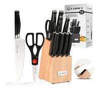 KATISUN 15-Piece German Steel Knife Block Set - Professional Kitchen Knives with Sharpener & Comfort-Grip Handles