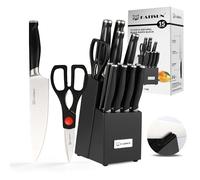 KATISUN 15 Piece Kitchen Knife Set with Block, Premium German Stainless Steel Chef Knife Set with 8 Steak Knives, Sharpener & Kitchen Shears, Dishwasher Safe Anti-Slip ABS Handles, Modern Black Block