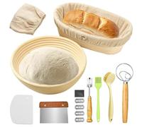 KATKLIU Sourdough Baking Set-Includes 9-inch round and 10-inch oval sourdough proofing baskets (with liners), Danish whisk, dough scraper, bread knife, cleaning brush and recipe book.