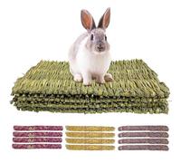 KATLKIU 4PCS Natural Grass Mat for Rabbits, Edible Chew Toys Set with 12PCS Timothy Hay Sticks - Rose, Calendula, Forget-Me-Not Flavors - for Guinea Pigs, Chinchillas, Hamsters, Small Pets