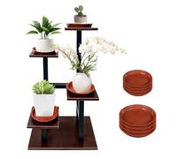 KATLKIU 5 Tier Iron Plant Stand 85cm with 8 Saucers - Modern Industrial Indoor Shelf - Sturdy Plant Pot Frame - Space Saving for Living Room Balcony - Black/Teak