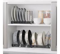 KATLKIU Adjustable Pot and Lid Organiser, 2 Pieces, with 20 Dividers in Total, Pan Holder for Cupboard, Kitchen Lid Holder, Sturdy Metal Pot and Pan Holder - Black