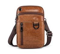 katloo Top Layer Leather Double Pockets Bags Men's Multifunctional Vintage Look Shoulder Bag for Cell Phone Belt Bag Vest Crossbody Mini Bag Outdoor Travel Pouch (Brown)