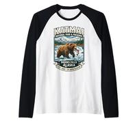 Katmai National Park Brooks Falls Alaska Grizzly Bear Emblem Raglan Baseball Tee