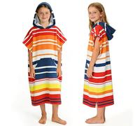 Kato Tirrinia Kids Changing Robe Hooded Beach Towels for Swimming | Kids Poncho Towel for Beach Pool Holiday Travel, Child Oversized Beach Towel, Lightweight, Privacy, Ages 8-14, Red Stripe
