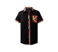 KATOLK Men's Hipster African Printed Tribal Graphic Patchwork Design Short Sleeve Button up Shirt Mandarin Collar Shirts, Black, XXL