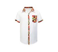 KATOLK Men's Hipster African Printed Tribal Graphic Patchwork Design Short Sleeve Button up Shirt Mandarin Collar Shirts, White, XXL