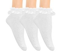Katslyn 3 Pairs Women's Frilly Socks，Lace Topped Ankle Socks，Ruffle Sock Princess Ballet Sock，Cute Opaque White Frilly Sockfor Women And Girls