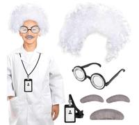 Katslyn 6PCS Mad Scientist Costume - Kids Scientist Set Includes 3 Beards, 1 Pair of Nerd Glasses, 1 Wig, 1 Black Work Id Card Holder, Doctor Role Play Set for Boys & Girls